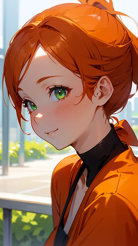 1 girl、orange clothes、orange hair、ponytail、beautiful green eyes、smile、profile、face close-up、morning cafe terrace、background blur...