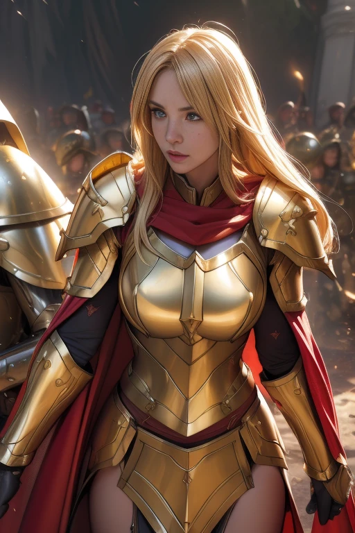 Female Paladin, Beautiful Face, blonde, , Golden Plate Armor, Red cape with belt, Large two-handed mace, Soft lighting, Ultra-fine detail, photo Realistic, World of Warcraft, Highest quality,Very detailed,Realistic,(Female Paladin),(((Intense Battle)))),(Dramatic lighting),((((battlefield)))),(Sharp focus),(Paladin&#39;A look of determination),(Thick armor),(Wielding a weapon),(Forest Background),(Epic clash),(flying debris),(martial arts),(Body movements),(High resolution textures),(Emotionally-charged combat),(Powerful Hits),(Tense atmosphere),(Fierce confrontation),(Action-packed),(Vibrant colors),(Dynamic pose),(Fearless),(Heroic Battle),(Muscular physique),(Warrior battle cry),(intense energy),(Paladin&#39;Victory of),(Sweat and Blood),(rippling muscles),(Hand-to-hand combat),(Paladin Dexterity),((Battle scars)),(Paladin Battle Cry),(Paladin fighting stance),(Awe-inspiring),(Detailed facial features),(Female Paladin's determination),(((Epic battle scenes:1.3))