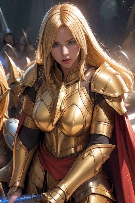 Female Paladin, Beautiful Face, blonde, , Golden Plate Armor, Red cape with belt, Large two-handed mace, Soft lighting, Ultra-fi...