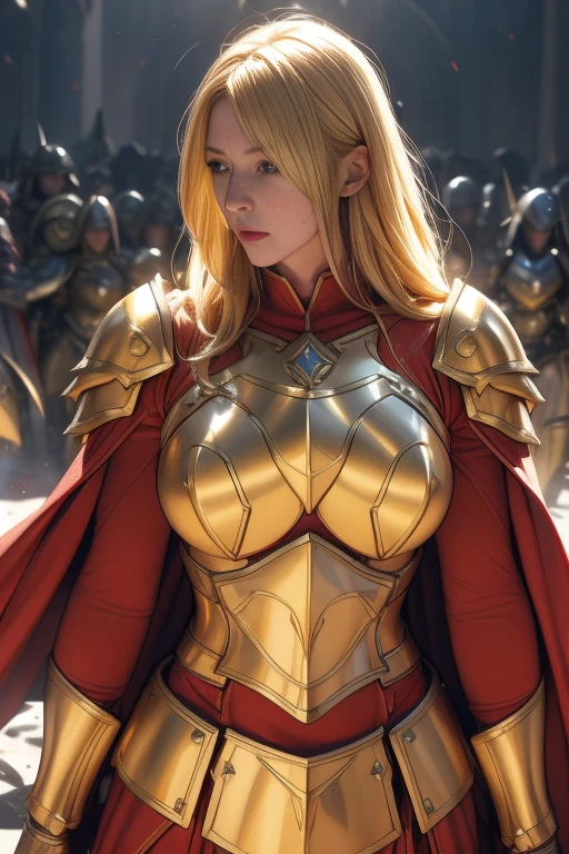 Female Paladin, Beautiful Face, blonde, , Golden Plate Armor, Red cape with belt, Large two-handed mace, Soft lighting, Ultra-fine detail, photo Realistic, World of Warcraft, Highest quality,Very detailed,Realistic,(Female Paladin),(((Intense Battle)))),(Dramatic lighting),((((battlefield)))),(Sharp focus),(Paladin&#39;A look of determination),(Thick armor),(Wielding a weapon),(Forest Background),(Epic clash),(flying debris),(martial arts),(Body movements),(High resolution textures),(Emotionally-charged combat),(Powerful Hits),(Tense atmosphere),(Fierce confrontation),(Action-packed),(Vibrant colors),(Dynamic pose),(Fearless),(Heroic Battle),(Muscular physique),(Warrior battle cry),(intense energy),(Paladin&#39;Victory of),(Sweat and Blood),(rippling muscles),(Hand-to-hand combat),(Paladin Dexterity),((Battle scars)),(Paladin Battle Cry),(Paladin fighting stance),(Awe-inspiring),(Detailed facial features),(Female Paladin's determination),(((Epic battle scenes:1.3))