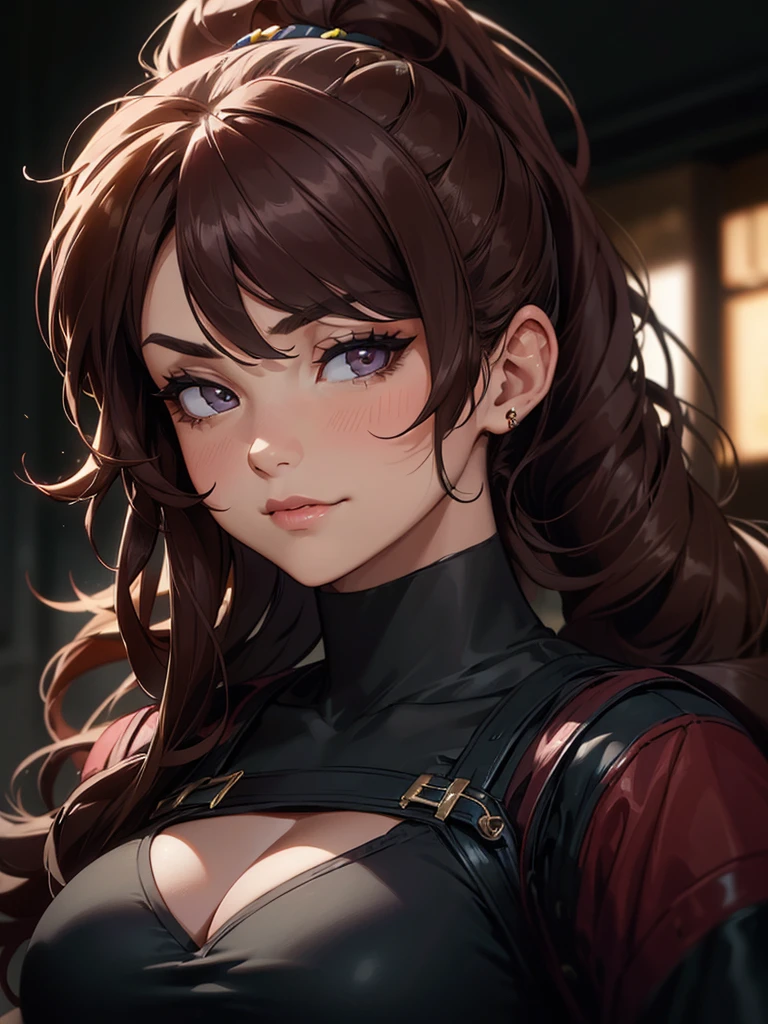 ((Portrait, wearing edgADC)), She has a Chubby, Dark Brown Haired Appearance, with a Muscular Build, and an Alluring Charm, Emphasizing Her Thick Breasts. She has Light Gray Eyes, Expresses a Mischief and Smug Look, Giving Off an Arrogant Aura. Her Hair is Long and Curly, Tied in a High Ponytail, with Wavy Strands Falling Over Her Face. ((Portrait, edgADC_fashion, HDR, Dark Background))