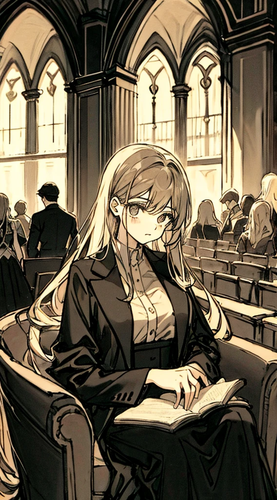 A scene of a sad and lonely young woman sitting in a dark corner of a large and opulent room. Her family is in the background, with the brother in the center, receiving attention and applause. The young woman should be depicted in darker and cooler colors, while the family is in warm and bright tones.

