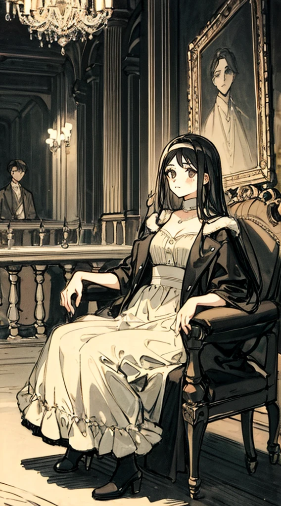 A scene of a sad and lonely young woman sitting in a dark corner of a large and opulent room. Her family is in the background, with the brother in the center, receiving attention and applause. The young woman should be depicted in darker and cooler colors, while the family is in warm and bright tones.

