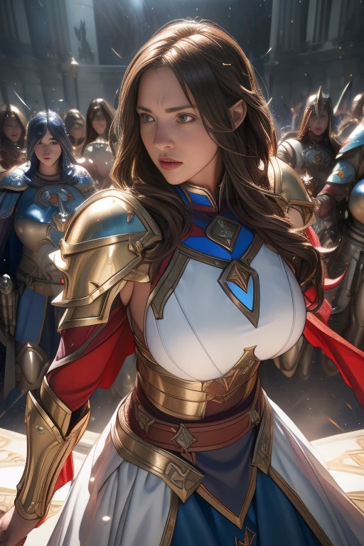 Female Paladin, Beautiful Face, Brown Hair, wavy hair, , Blue and white plate armor, Red cape with belt, Large two-handed mace, Soft lighting, Ultra-fine detail, photo Realistic, World of Warcraft, Highest quality,Very detailed,Realistic,(Female Paladin),(((Intense Battle)))),(Dramatic lighting),((((battlefield)))),(Sharp focus),(Paladin&#39;A look of determination),(Thick armor),(Wielding a weapon),(Forest Background),(Epic clash),(flying debris),(martial arts),(Body movements),(High resolution textures),(Emotionally-charged combat),(Powerful Hits),(Tense atmosphere),(Fierce confrontation),(Action-packed),(Vibrant colors),(Dynamic pose),(Fearless),(Heroic Battle),(Muscular physique),(Warrior battle cry),(intense energy),(Paladin&#39;Victory of),(Sweat and Blood),(rippling muscles),(Hand-to-hand combat),(Paladin Dexterity),((Battle scars)),(Paladin Battle Cry),(Paladin fighting stance),(Awe-inspiring),(Detailed facial features),(Female Paladin's determination),(((Epic battle scenes:1.3))