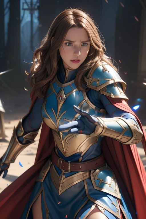 Female Paladin, Beautiful Face, Brown Hair, wavy hair, , Blue and white plate armor, Red cape with belt, Large two-handed mace, Soft lighting, Ultra-fine detail, photo Realistic, World of Warcraft, Highest quality,Very detailed,Realistic,(Female Paladin),(((Intense Battle)))),(Dramatic lighting),((((battlefield)))),(Sharp focus),(Paladin&#39;A look of determination),(Thick armor),(Wielding a weapon),(Forest Background),(Epic clash),(flying debris),(martial arts),(Body movements),(High resolution textures),(Emotionally-charged combat),(Powerful Hits),(Tense atmosphere),(Fierce confrontation),(Action-packed),(Vibrant colors),(Dynamic pose),(Fearless),(Heroic Battle),(Muscular physique),(Warrior battle cry),(intense energy),(Paladin&#39;Victory of),(Sweat and Blood),(rippling muscles),(Hand-to-hand combat),(Paladin Dexterity),((Battle scars)),(Paladin Battle Cry),(Paladin fighting stance),(Awe-inspiring),(Detailed facial features),(Female Paladin's determination),(((Epic battle scenes:1.3))