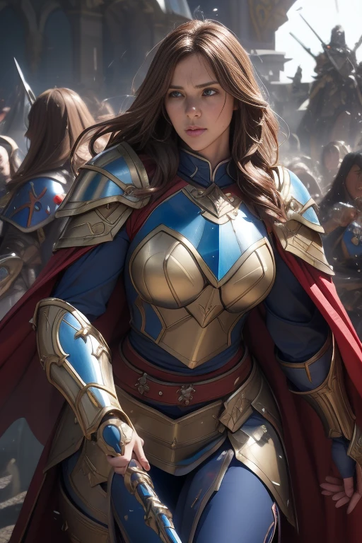 Female Paladin, Beautiful Face, Brown Hair, wavy hair, , Blue and white plate armor, Red cape with belt, Large two-handed mace, Soft lighting, Ultra-fine detail, photo Realistic, World of Warcraft, Highest quality,Very detailed,Realistic,(Female Paladin),(((Intense Battle)))),(Dramatic lighting),((((battlefield)))),(Sharp focus),(Paladin&#39;A look of determination),(Thick armor),(Wielding a weapon),(Forest Background),(Epic clash),(flying debris),(martial arts),(Body movements),(High resolution textures),(Emotionally-charged combat),(Powerful Hits),(Tense atmosphere),(Fierce confrontation),(Action-packed),(Vibrant colors),(Dynamic pose),(Fearless),(Heroic Battle),(Muscular physique),(Warrior battle cry),(intense energy),(Paladin&#39;Victory of),(Sweat and Blood),(rippling muscles),(Hand-to-hand combat),(Paladin Dexterity),((Battle scars)),(Paladin Battle Cry),(Paladin fighting stance),(Awe-inspiring),(Detailed facial features),(Female Paladin's determination),(((Epic battle scenes:1.3))