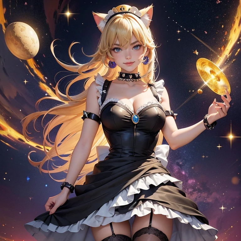 Bowsette, long hair, horns, 1girl, white maid dress, jewelry, blonde hair, flowing hair, long hair, maid dress with a short skirt and layers, black laces, white boots, black dress with transparency, gold details on her clothes, cat ears, animal ears,  more details, perfectly body, perfectly hands, two hands, two legs, two arms, five fingers, glowing hair, best quality, cat ears, animal ears, black gloves, cat tail, alone, maid headdress, choker, detached sleeves, maid dress, maid black dress, strapless, masterpeice, best quality, detailed face, night, asymmetrical gloves, bangs, black short skirt , earrings, elbow gloves, fishnet thighhighs, fishmasterpeice, solo, best quality, detailed face, hair between eyes, jewelry, looking at viewer, single earring, sky, sleeveless, solo, thigh boots, thighhighs, tongue, tongue out, uneven gloves, cat ears, animal ears, cat tail, solo, alone, Looking at the viewer, magenta roses on her hair, space scenery, maid, maid dress, magenta details, maid headdress, maid apron, blonde hair, long hair, seat on the Saturn rings, more details on her clothes, gold details on her clothes, space, smiling, standing her hand to a viewer, looking at the viewer, in the background a several asteroids glowing with fiery auras, Dramatic lighting from distant stars and planets illuminates the scene, looking at the vast and mysterious universe, cowboy shot, upper body portrait, more details, sparkle,