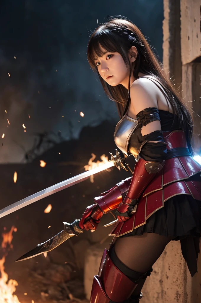 Raw photo, Very detailed, masterpiece, Highest quality, High resolution, Eye highlights, , Private Photos, night, bangs, Fluttering Hair, Outdoor, Dragon Quest、Woman warrior、Completely destroyed red armor、Injured in a fire attack、Remaining HP: 1、shieldが破壊される、Coming under attack、触手Coming under attack、Slashed with a sword、Being restrained、I&#39;Will be defeated、can&#39;Avoid attacks、Crucified、Executed、Genuine、Significant damage、shield、sword、alone、On one knee、Attacked by the flames of hell、Final blow、Armor and Armor、breastplate、腹にComing under attack、lose consciousness、self-sacrifice