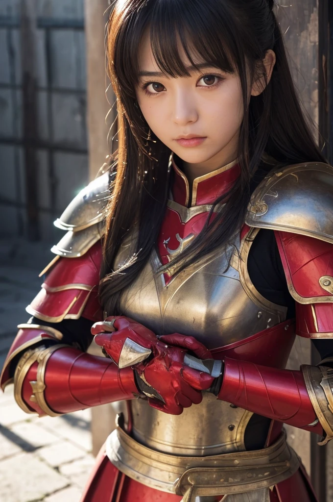 Raw photo, Very detailed, masterpiece, Highest quality, High resolution, Eye highlights, , Private Photos, night, bangs, Fluttering Hair, Outdoor, Dragon Quest、Woman warrior、Completely destroyed red armor、Injured in a fire attack、Remaining HP: 1、shieldが破壊される、Coming under attack、触手Coming under attack、Slashed with a sword、Being restrained、I&#39;Will be defeated、can&#39;Avoid attacks、Crucified、Executed、Genuine、Significant damage、shield、sword、alone、On one knee、Attacked by the flames of hell、Final blow、Armor and Armor、breastplate、腹にComing under attack、lose consciousness、self-sacrifice