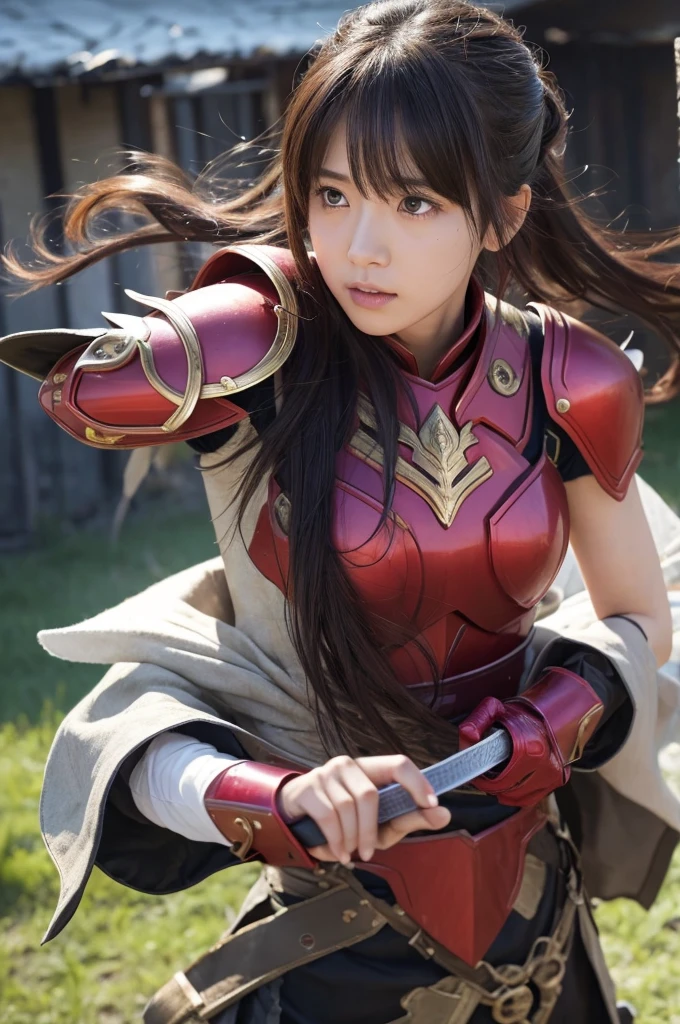 Raw photo, Very detailed, masterpiece, Highest quality, High resolution, Eye highlights, , Private Photos, night, bangs, Fluttering Hair, Outdoor, Dragon Quest、Woman warrior、Completely destroyed red armor、Injured in a fire attack、Remaining HP: 1、shieldが破壊される、Coming under attack、触手Coming under attack、Slashed with a sword、Being restrained、I&#39;Will be defeated、can&#39;Avoid attacks、Crucified、Executed、Genuine、Significant damage、shield、sword、alone、On one knee、Attacked by the flames of hell、Final blow、Armor and Armor、breastplate、腹にComing under attack、lose consciousness、self-sacrifice