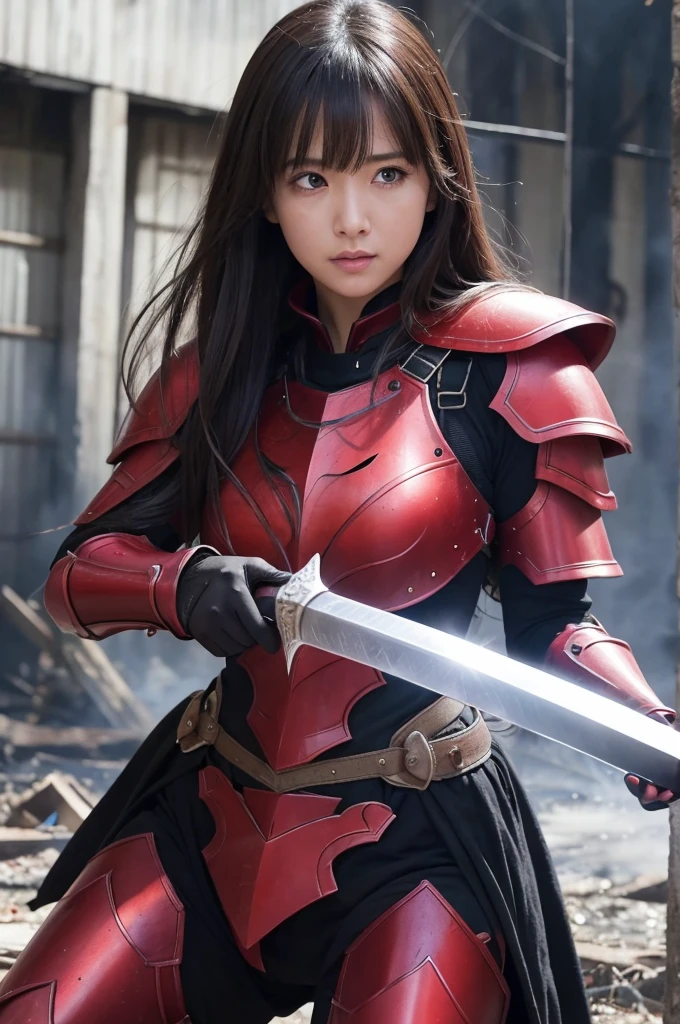 Raw photo, Very detailed, masterpiece, Highest quality, High resolution, Eye highlights, , Private Photos, night, bangs, Fluttering Hair, Outdoor, Dragon Quest、Woman warrior、Completely destroyed red armor、Injured in a fire attack、Remaining HP: 1、shieldが破壊される、Coming under attack、触手Coming under attack、Slashed with a sword、Being restrained、I&#39;Will be defeated、can&#39;Avoid attacks、Crucified、Executed、Genuine、Significant damage、shield、sword、alone、On one knee、Attacked by the flames of hell、Final blow、Armor and Armor、breastplate、腹にComing under attack、lose consciousness、self-sacrifice