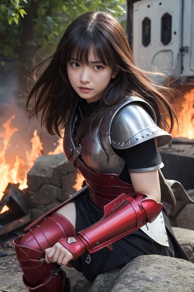 Raw photo, Very detailed, masterpiece, Highest quality, High resolution, Eye highlights, , Private Photos, night, bangs, Fluttering Hair, Outdoor, Dragon Quest、Woman warrior、Completely destroyed red armor、Injured in a fire attack、Remaining HP: 1、shieldが破壊される、Coming under attack、触手Coming under attack、Slashed with a sword、Being restrained、I&#39;Will be defeated、can&#39;Avoid attacks、Crucified、Executed、Genuine、Significant damage、shield、sword、alone、On one knee、Attacked by the flames of hell、Final blow、Armor and Armor、breastplate、Blue broken armor、Completely broken shin guard、Punch in the stomach