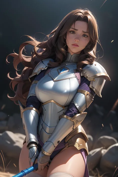 Female Paladin, whole body:1.9, Beautiful Face, Brown Hair, wavy hair:1.3, , , Blue and white pink Muv-Luv`s style armors, Large...