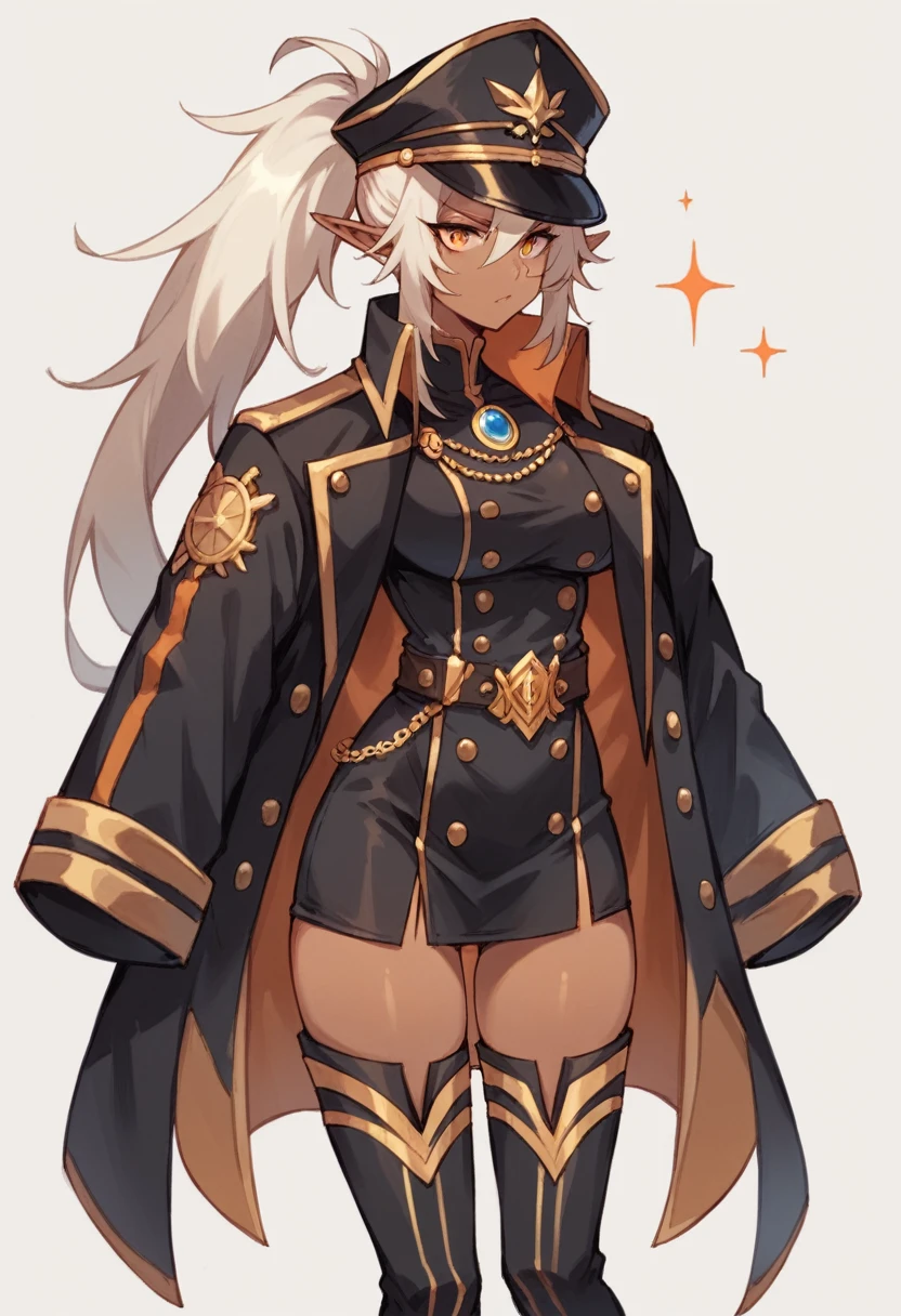 orange eyes,dark elf,,dark skingrey hair,1lady,high ponytail, gold and black coat,jewelry,gold and black uniform,military hat,thigh boots,
