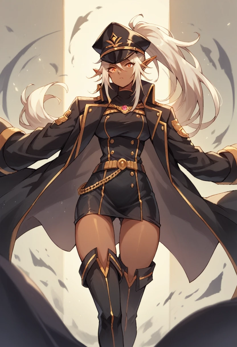 orange eyes,dark elf,,dark skingrey hair,1lady,high ponytail, gold and black coat,jewelry,gold and black uniform,military hat,thigh boots,
