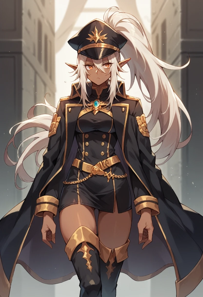 orange eyes,dark elf,,dark skingrey hair,1lady,high ponytail, gold and black coat,jewelry,gold and black uniform,military hat,thigh boots,
