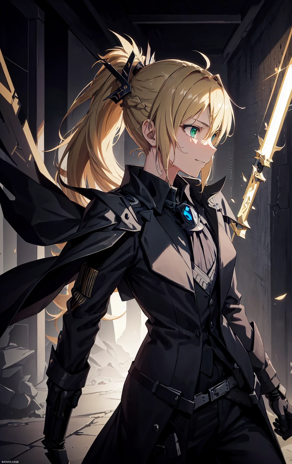 masterpiece, best quality, (detailed anime, video game art, extremely detailed CG unity 8k wallpaper), (best quality), (best illustration), (best shadow), absurdres, realistic lighting, (Abyss), beautiful detailed glow, anime, solo, 1girl, upper body shot, (mordred:0.89), female, feminine, blonde hair, green eyes, ponytail, tomboy, long hair, (dynamic pose, attack stance, valkyrie, smirk:1.03), messy hair, royalty warrior, soldier, vicious expression, grin, death glare, kubrick stare, perspective view, (\ ( three quarter profile \ ):0.95), suit and tie, overcoat, black suit, belt, spotlight, dark theme