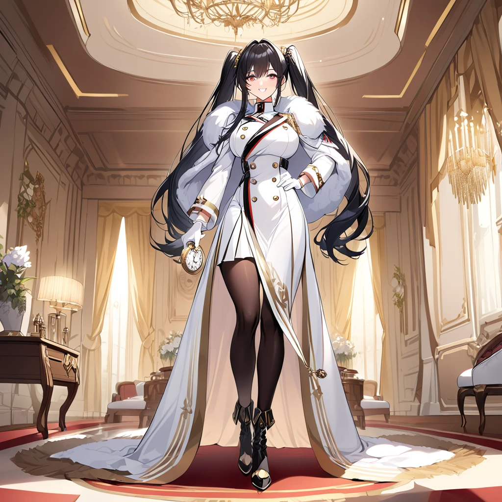 A woman wearing a white military uniform with gold details, a long white military skirt, black boots, wearing a white fur cape, holding a pocket watch, a large shiny golden watch with Roman numerals, white gloves, black hair, long hair, twintails, burgundy eyes, smiling, big breasts, postured standing, in a luxury German room
