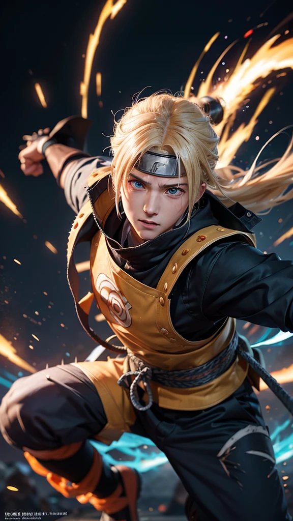 detailed portrait of Naruto, explosive energy, dynamic attack pose, powerful ninja, bright blue eyes, spiky blond hair, detailed facial features, determined expression, dynamic motion blur, cinematic lighting, vibrant colors, masterpiece, 8k, hyper realistic, digital art