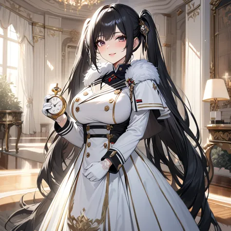 a woman wearing a white military uniform with gold details, a long white military skirt, black boots, wearing a white fur cape, ...