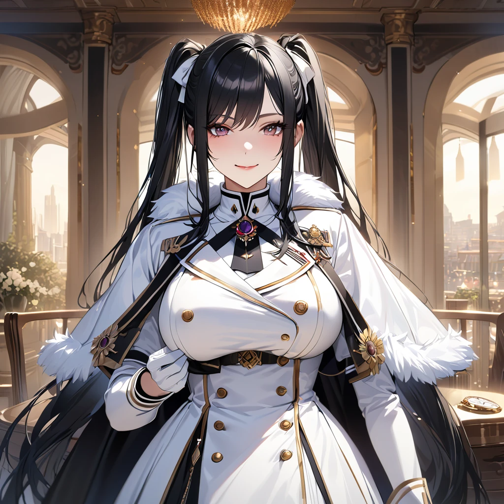 A woman wearing a white military uniform with gold details, a long white military skirt, black boots, wearing a white fur cape, holding a pocket watch, a large shiny golden watch with Roman numerals, white gloves, black hair, long hair, twintails, burgundy eyes, smiling, big breasts, postured standing, in a luxury German room,,UHD , prime work , accurate , anatomically correct , textured skin , super details , high quality , best quality, 8k, high resolution, bokeh effect. (woman alone), close view. realistic
