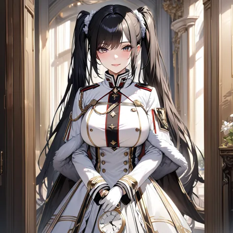 a woman wearing a white military uniform with gold details, a long white military skirt, black boots, wearing a white fur cape, ...