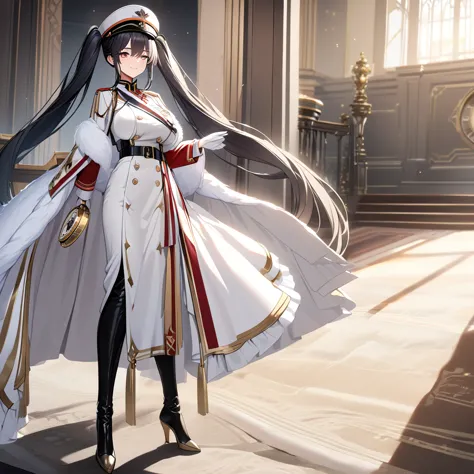 a woman wearing a white military uniform with gold details, a long white military skirt, black boots, wearing a white fur cape, ...