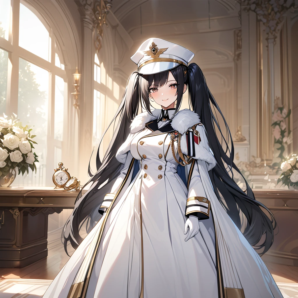 A woman wearing a white military uniform with gold details, a long white military skirt, black boots, wearing a white fur cape, holding a pocket watch, a large shiny golden watch with Roman numerals, white gloves, black hair, long hair, twintails,white military hat with gold details, burgundy eyes, smiling, big breasts, postured standing, in a luxury German room,,UHD , prime work , accurate , anatomically correct , textured skin , super details , high quality , best quality, 8k, high resolution, bokeh effect. (woman alone), close view. realistic
