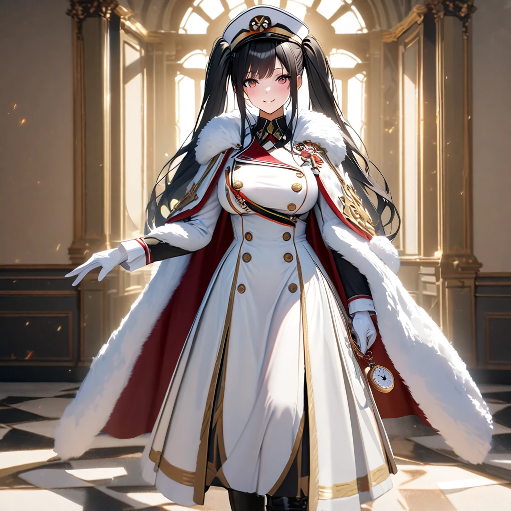 A woman wearing a white military uniform with gold details, a long white military skirt, black boots, wearing a white fur cape, holding a pocket watch, a large shiny golden watch with Roman numerals, white gloves, black hair, long hair, twintails,white military hat with gold details, burgundy eyes, smiling, big breasts, postured standing, in a luxury German room,,UHD , prime work , accurate , anatomically correct , textured skin , super details , high quality , best quality, 8k, high resolution, bokeh effect. (woman alone), close view. realistic
