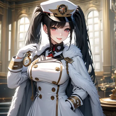 a woman wearing a white military uniform with gold details, a long white military skirt, black boots, wearing a white fur cape, ...