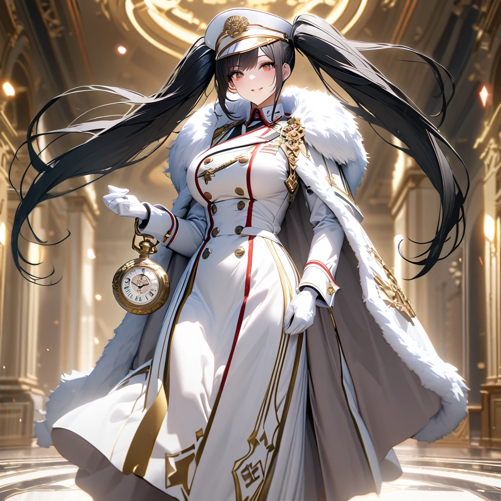 A woman wearing a white military uniform with gold details, a long white military skirt, black boots, wearing a white fur cape, holding a pocket watch, a large shiny golden watch with Roman numerals, white gloves, black hair, long hair, twintails,white military hat with gold details, burgundy eyes, smiling, big breasts, postured standing, in a luxury German room,,UHD , prime work , accurate , anatomically correct , textured skin , super details , high quality , best quality, 8k, high resolution, bokeh effect. (woman alone), close view. realistic
