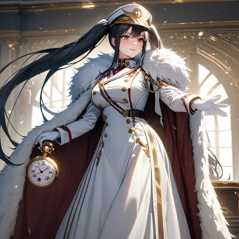 a woman wearing a white military uniform with gold details, a long white military skirt, black boots, wearing a white fur cape, ...