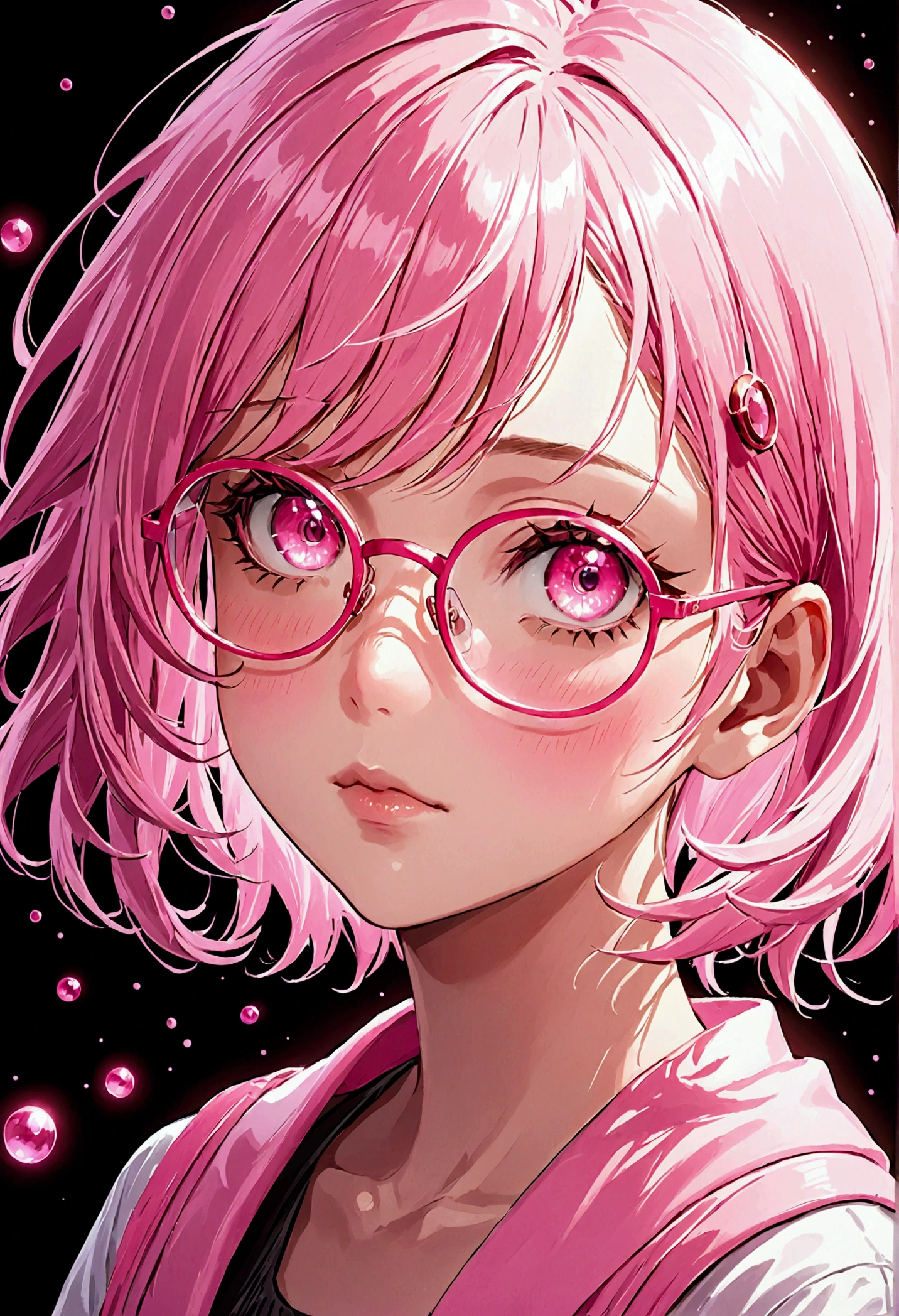 Close-up of a woman with pink hair wearing glasses, artwork in Gubes style, Gubes, Cute realistic portrait, inspired by Seihiko-kun, glowing pink face, pink girl, Beautiful anime portraits, pink glasses, glowing pink eyes, Realistic Anime 3D Style, Yanjun City, Realistic anime art style, ((pink)8K