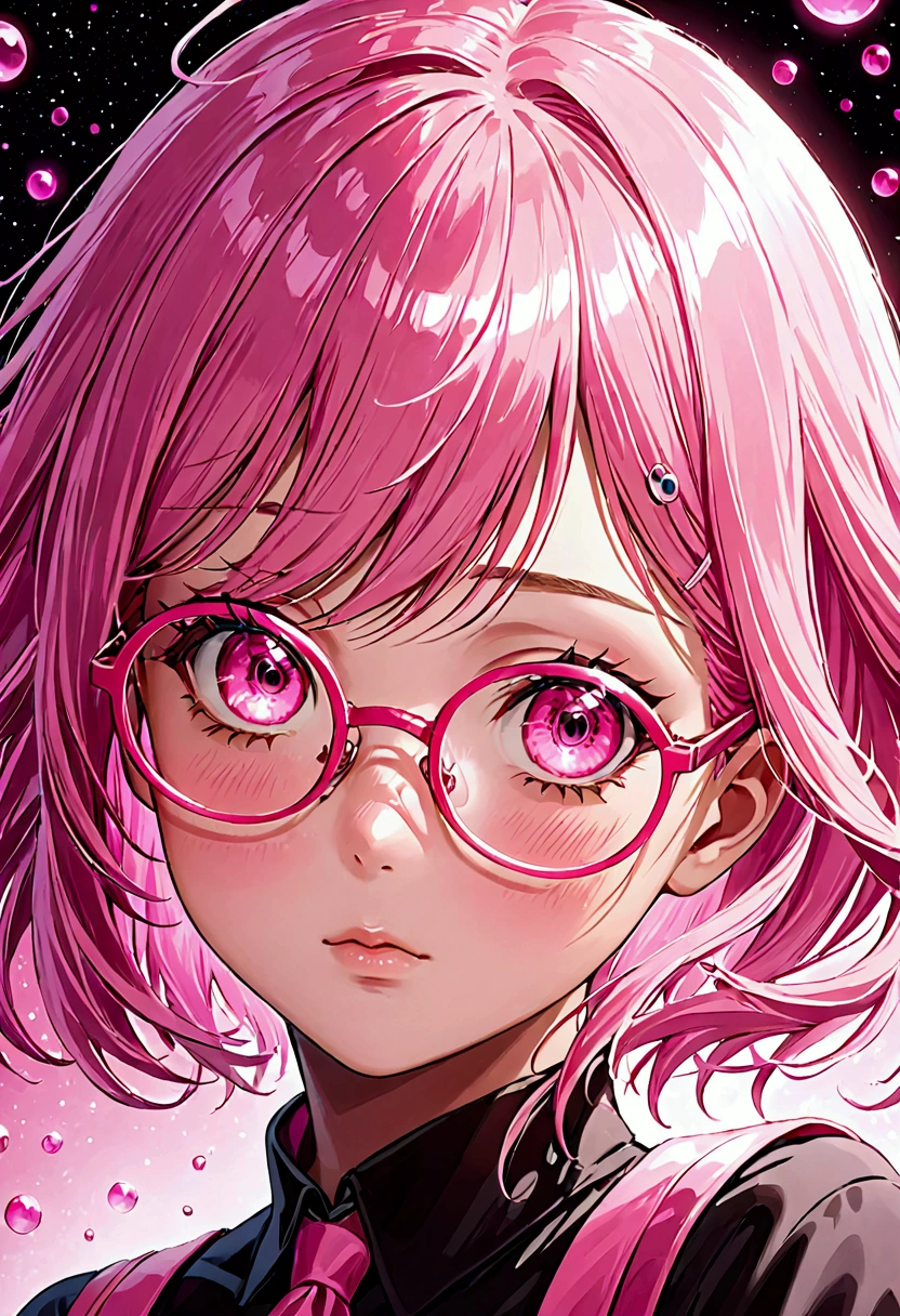 Close-up of a woman with pink hair wearing glasses, artwork in Gubes style, Gubes, Cute realistic portrait, inspired by Seihiko-kun, glowing pink face, pink girl, Beautiful anime portraits, pink glasses, glowing pink eyes, Realistic Anime 3D Style, Yanjun City, Realistic anime art style, ((pink)8K