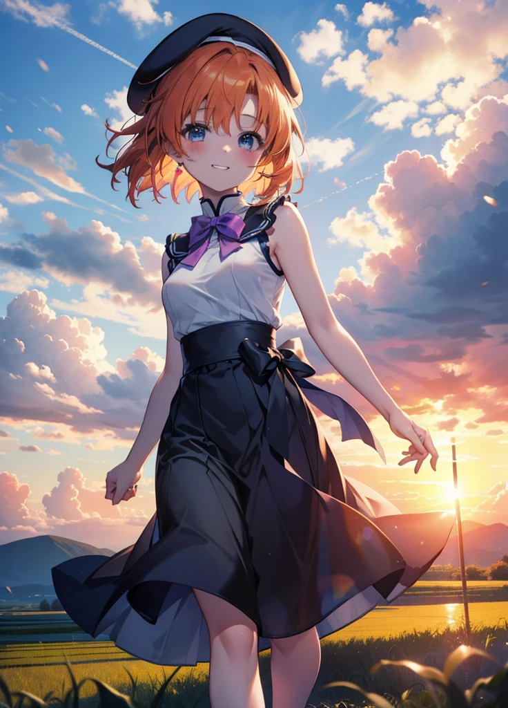 kidney, Rena Ryuuguu, Orange Hair, short hair, blue eyes, smile, blush,Grin,(Small breasts:1.2),beret,Sleeveless dress,Long skirt,Heeled Sandals,morning,morning陽,The sun is rising,Paddy field,walking,whole bodyがイラストに入る,
壊す looking at viewer,whole body,
Destroy outdoors, Destroy the countryside (masterpiece:1.2), Highest quality, High resolution, unity 8k wallpaper, (shape:0.8), (Beautiful attention to detail:1.6), Highly detailed face, Perfect lighting, Extremely detailed CG, (Perfect hands, Perfect Anatomy),