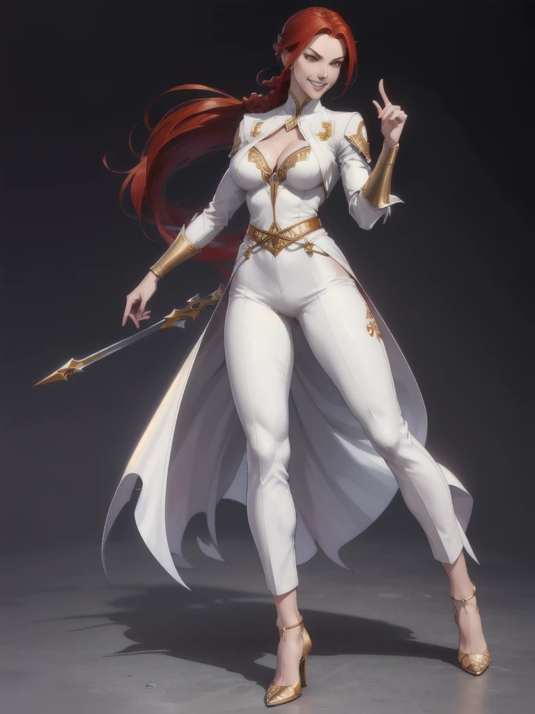 ((best quality)), ((4k)), ((highres)), ((masterpiece:1.2)). ((detailed)), ((ultra realistic)), ((intricate details)), ((full body picture)), ((character design sheet)), ((blank background)), ((standing in a blank background)), solo character, a full body shot of a sexy pale female, inhuman pale skin, pasty white skin, ((vampire pale skin))), ((ghostly pale skin like kratos from god of war)), redhead, ((vivid red hair)), SLEEK braided low ponytail, ((SLEEK braided low ponytail)), thin braid, slicked back hair, sexy and dangerous, evil smile on her face, ((evil smile)), about 30 years old, about 6'0 ft tall, athletic frame, character concept art, female executive, white blazer suit, white dress pants, work pants, white outfit with black details and gold adornments, ((predominantly white outfit)), ((showing cleavage)), gold office heels, ((GOLD HEELS)), fighting game character concept art, tekken character design, the king of fighters character concept