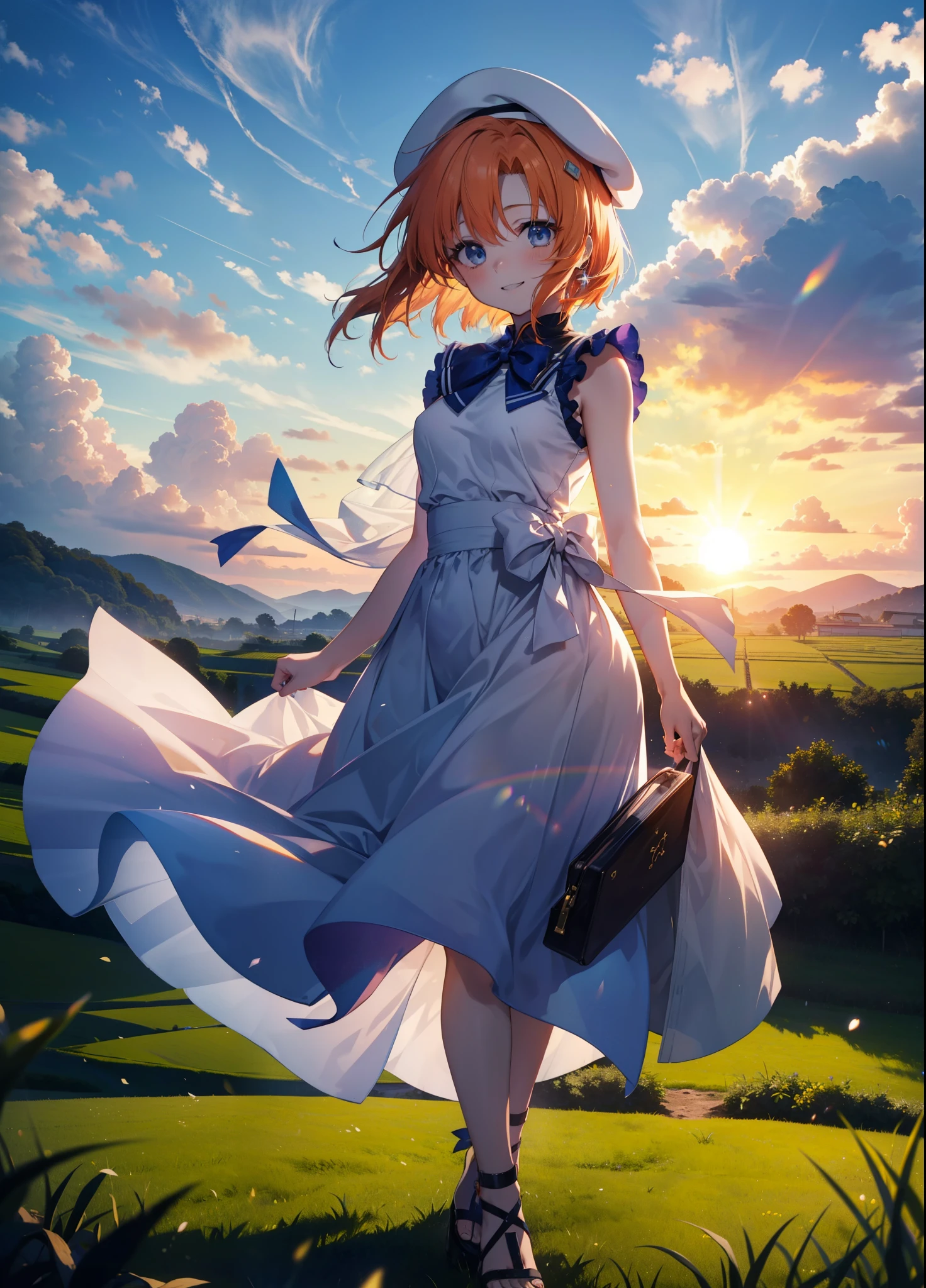 kidney, Rena Ryuuguu, Orange Hair, short hair, blue eyes, smile, blush,Grin,(Small breasts:1.2),beret,Sleeveless dress,Long skirt,Heeled Sandals,morning,morning陽,The sun is rising,Paddy field,walking,whole bodyがイラストに入る,
壊す looking at viewer,whole body,
Destroy outdoors, Destroy the countryside (masterpiece:1.2), Highest quality, High resolution, unity 8k wallpaper, (shape:0.8), (Beautiful attention to detail:1.6), Highly detailed face, Perfect lighting, Extremely detailed CG, (Perfect hands, Perfect Anatomy),