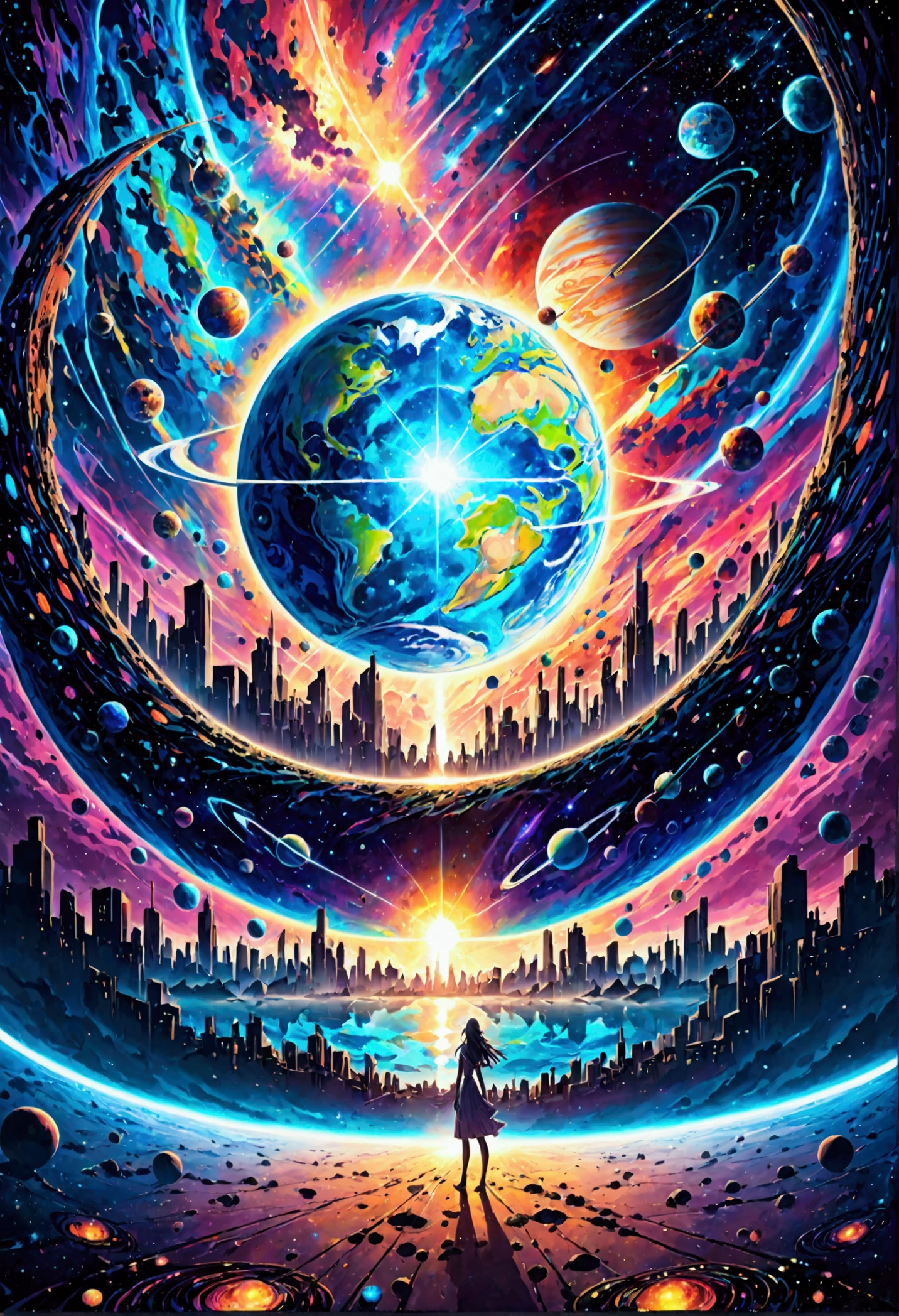 A woman standing before a painting of a planet, futuristic city in the background, psychedelic trance artwork, interconnected human lifeforms, panoramic view of a young girl, progressive rock album cover, endless dream, stardust, galaxy, stoner rock --ar 16:9 -- 5k