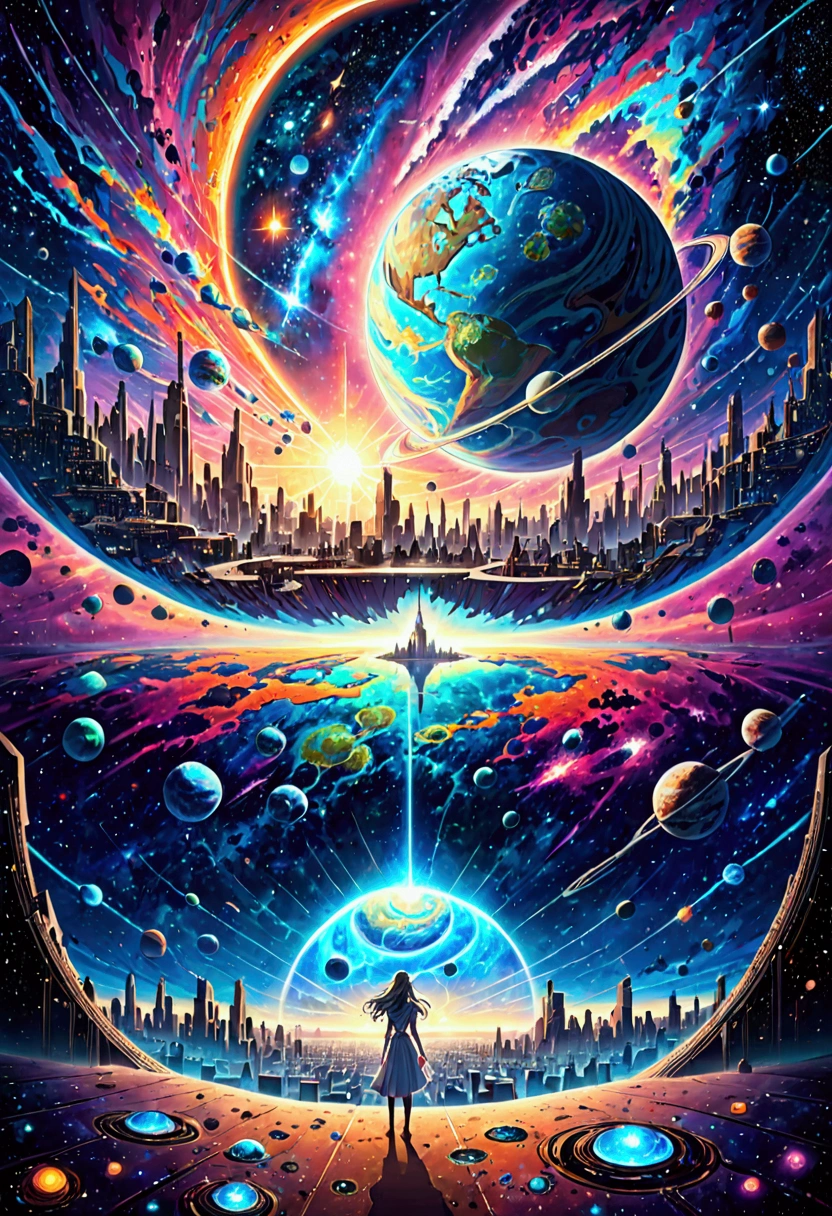 A woman standing before a painting of a planet, futuristic city in the background, psychedelic trance artwork, interconnected human lifeforms, panoramic view of a young girl, progressive rock album cover, endless dream, stardust, galaxy, stoner rock --ar 16:9 -- 5k