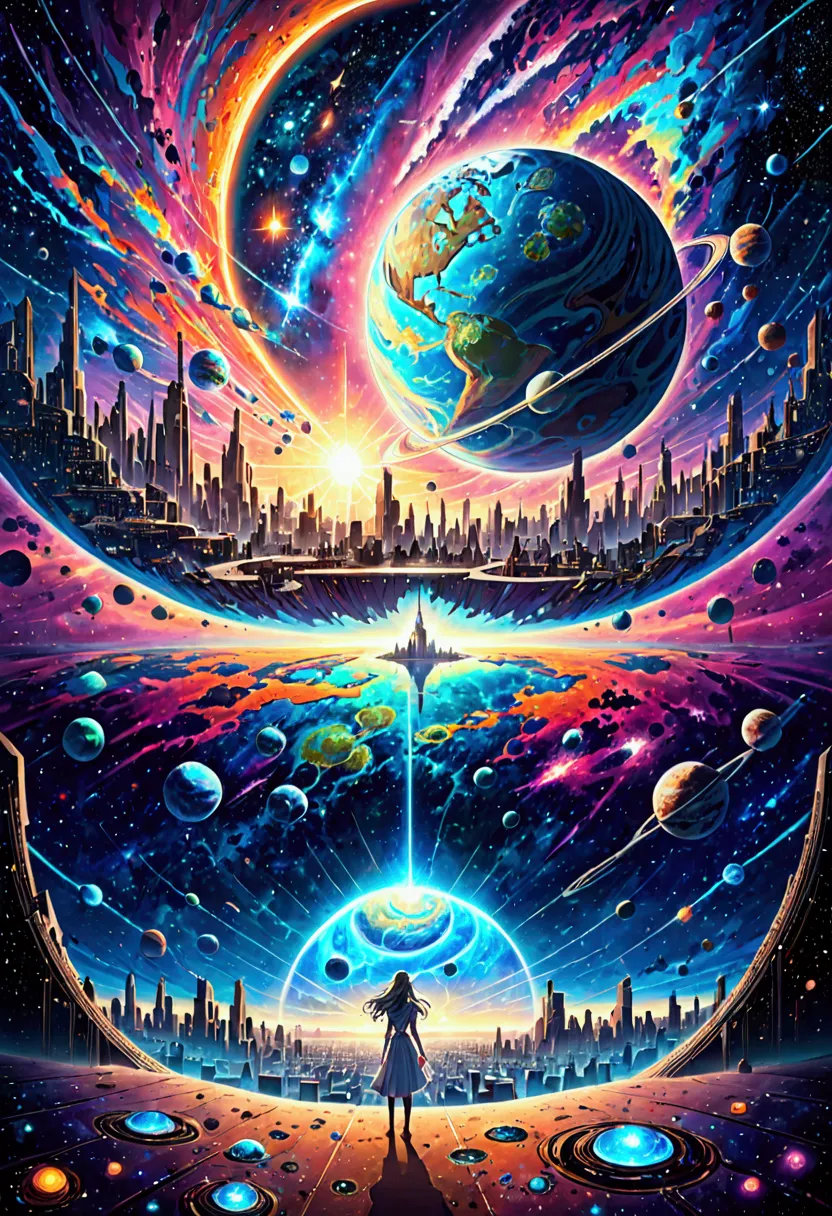 A woman standing before a painting of a planet, futuristic city in the background, psychedelic trance artwork, interconnected hu...