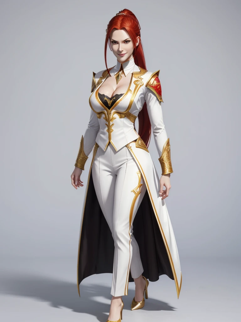 ((best quality)), ((4k)), ((highres)), ((masterpiece:1.2)). ((detailed)), ((ultra realistic)), ((intricate details)), ((full body picture)), ((character design sheet)), ((blank background)), ((standing in a blank background)), solo character, a full body shot of a sexy pale female, inhuman pale skin, pasty white skin, ((vampire pale skin))), ((ghostly pale skin like kratos from god of war)), redhead, ((vivid red hair)), SLEEK braided low ponytail, ((SLEEK braided low ponytail)), thin braid, slicked back hair, sexy and dangerous, evil smile on her face, ((evil smile)), about 30 years old, about 6'0 ft tall, athletic frame, character concept art, female executive, white blazer suit, white dress pants, work pants, white outfit with black details and gold adornments, ((predominantly white outfit)), ((showing cleavage)), gold office heels, ((GOLD HEELS)), fighting game character concept art, tekken character design, the king of fighters character concept
