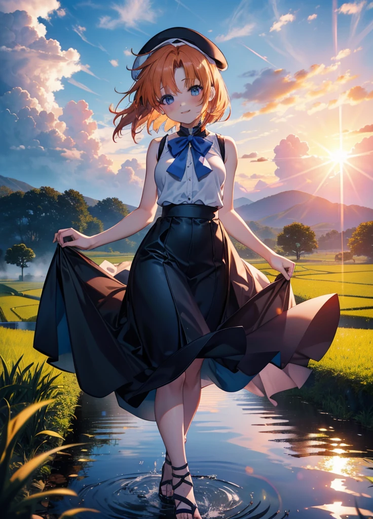 kidney, Rena Ryuuguu, Orange Hair, short hair, blue eyes, smile, blush,Grin,(Small breasts:1.2),beret,Sleeveless dress,Long skirt,Heeled Sandals,morning,morning陽,The sun is rising,Paddy field,walking,whole bodyがイラストに入る,
壊す looking at viewer,whole body,
Destroy outdoors, Destroy the countryside (masterpiece:1.2), Highest quality, High resolution, unity 8k wallpaper, (shape:0.8), (Beautiful attention to detail:1.6), Highly detailed face, Perfect lighting, Extremely detailed CG, (Perfect hands, Perfect Anatomy),