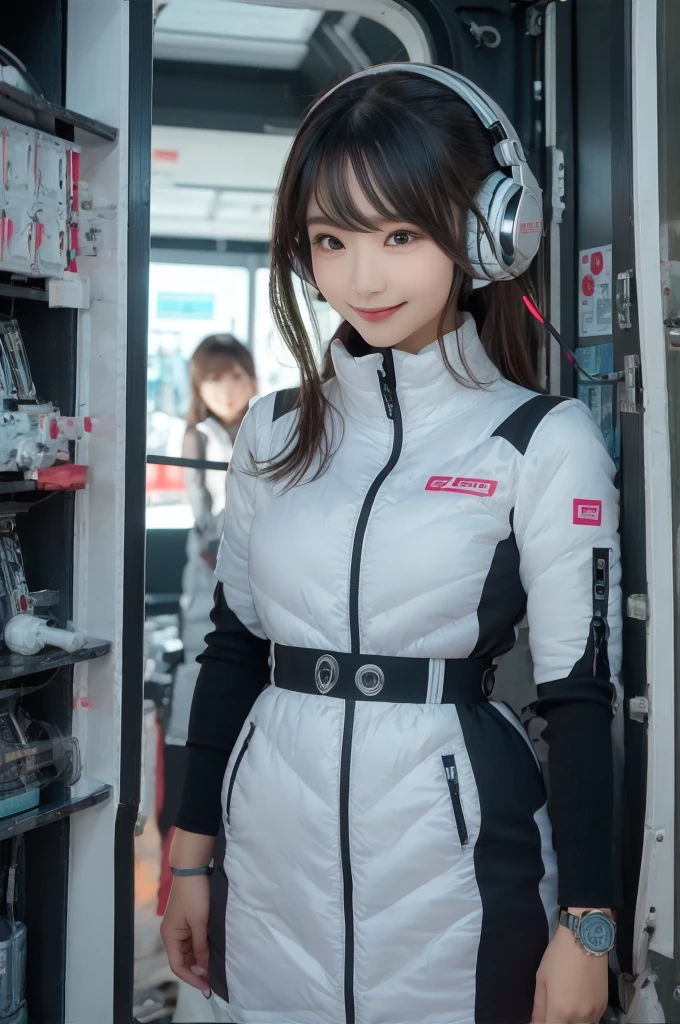 masterpiece, Highest quality, Very detailed, 8K Portrait,Japanese Android Girl,plump , Control panel,Robotic arms and legs, Blunt bangs,,break (Metallic Gray, Metallic luster, Mirror finish, Astro Best):5,headphone:5,break (Black sleeves):100,Smart Watches,Futuristic space station,Control Room,break headphone,blue eyes,(Black Hair):2,(Long Hair):1.3,Viewer Display,(respirator),break blush:3,Hidden Hand,smile