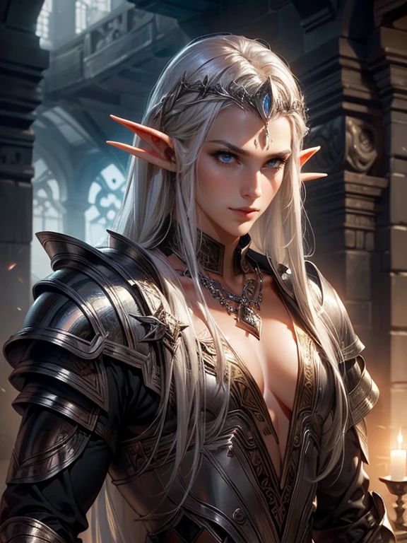 ((​masterpiece)), best quality, expressive eyes, ​masterpiece, highly detailed, exquisite character art, epic fantasy digital art style, detailed digital 3D fantasy art, (male elf and female elf) a male adult  tall strong adult elf with long silver hair and forehead in silver chain mail armor and  together with a female elf with dark blonde hair  wearing armor and brown leather, couple, Mediovale clothing, adult face structure, Mediovale 