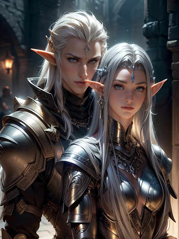 ((​masterpiece)), best quality, expressive eyes, ​masterpiece, highly detailed, exquisite character art, epic fantasy digital art style, detailed digital 3D fantasy art, (male elf and female elf) a male adult  tall strong adult elf with long silver hair and forehead in silver chain mail armor and  together with a female elf with dark blonde hair  wearing armor and brown leather, couple, Mediovale clothing, adult face structure, Mediovale 