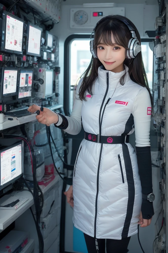 masterpiece, Highest quality, Very detailed, 8K Portrait,Japanese Android Girl,plump , Control panel,Robotic arms and legs, Blunt bangs,,break (Metallic Gray, Metallic luster, Mirror finish, Astro Best):5,headphone:5,break (Black sleeves):100,Smart Watches,Futuristic space station,Control Room,break headphone,blue eyes,(Black Hair):2,(Long Hair):1.3,Viewer Display,(respirator),break blush:3,Hidden Hand,smile