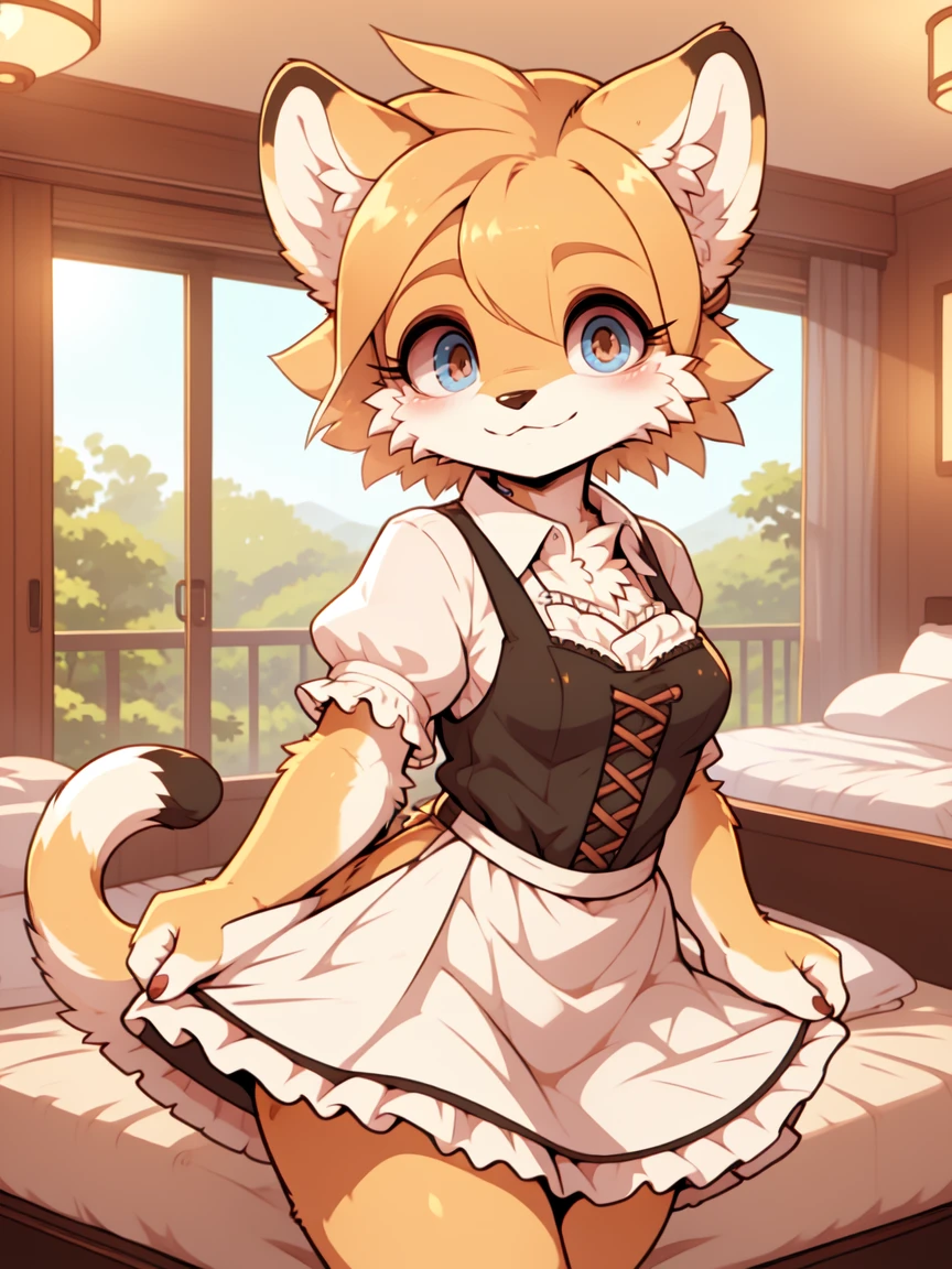 A charming and busty anthropomorphic lioness dressed as a not-so-innocent and flirtatious maiden. she has medium, Blonde hair cut with clips and blue ears.. She is in a seductive pose on a bed in a hotel room.. She looks happy with dreamy brown eyes and a radiant smile.. . She is wearing a black and white maid outfit with a cardigan., a shirt, and a skirt. Its tail is curly and long.. The art has an anime style.. The POV is from behind., slightly above eye level.