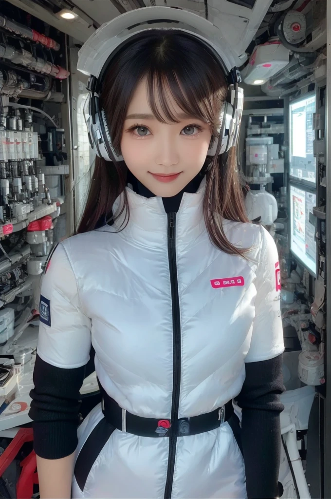 masterpiece, Highest quality, Very detailed, 8K Portrait,Japanese Android Girl,plump , Control panel,Robotic arms and legs, Blunt bangs,,break (Metallic Gray, Metallic luster, Mirror finish, Astro Best):5,headphone:5,break (Black sleeves):100,Smart Watches,Futuristic space station,Control Room,break headphone,blue eyes,(Black Hair):2,(Long Hair):1.3,Viewer Display,(respirator),break blush:3,Hidden Hand,smile