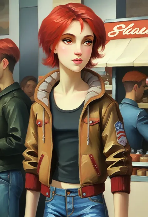 A beautiful detailed portrait of Will Vandom, 36 years old, small breasts, red hair, red eyes, short hair, tank top, open jacket...