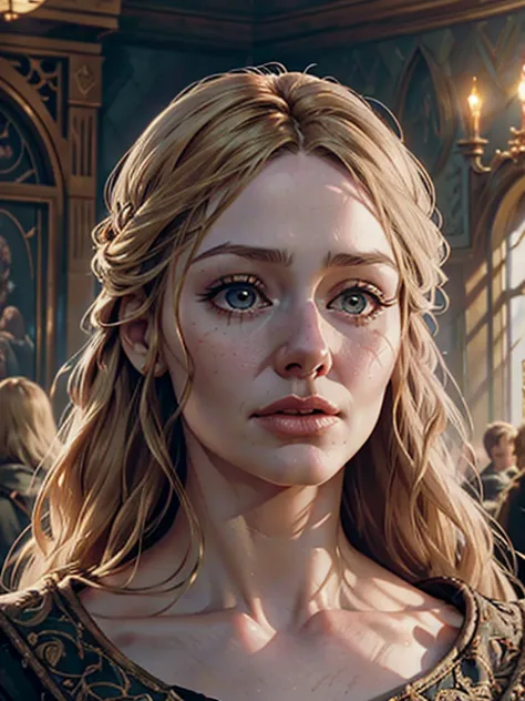 a woman in a ballroom, eowyn from the lord of the rings, detailed portrait, beautiful detailed eyes, beautiful detailed lips, ex...